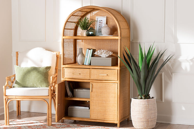 Kenny Two Drawers and Doors Arched Natural Rattan Storage Cabinet