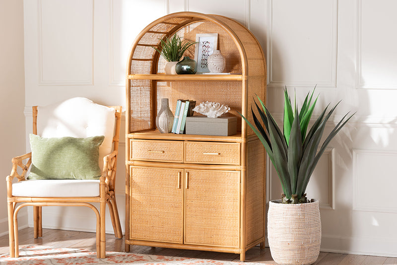 Kenny Two Drawers and Doors Arched Natural Rattan Storage Cabinet