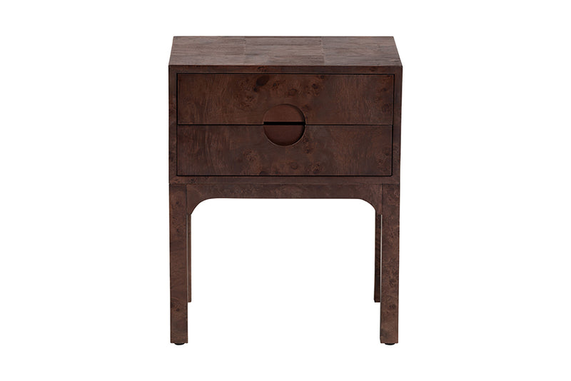 Lanica Real Burl Wood Nightstand in Dark Walnut Brown