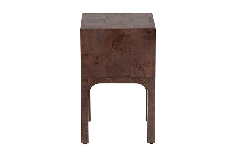 Lanica Real Burl Wood Nightstand in Dark Walnut Brown
