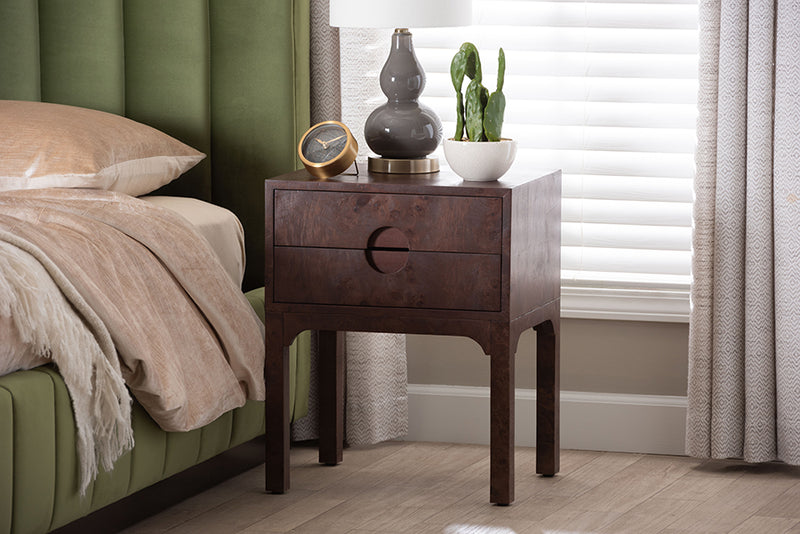 Lanica Real Burl Wood Nightstand in Dark Walnut Brown