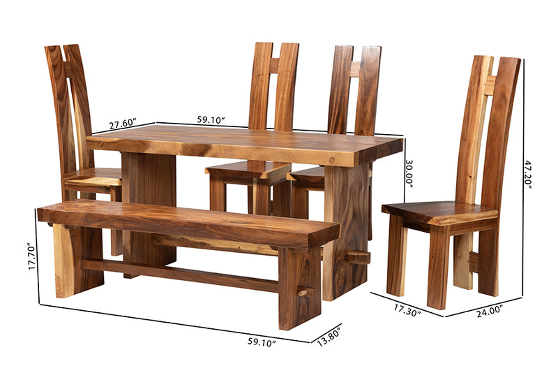 Lourdes Suar Wood 6-Piece Dining Set Rectangular Table with 4 Chairs and Bench