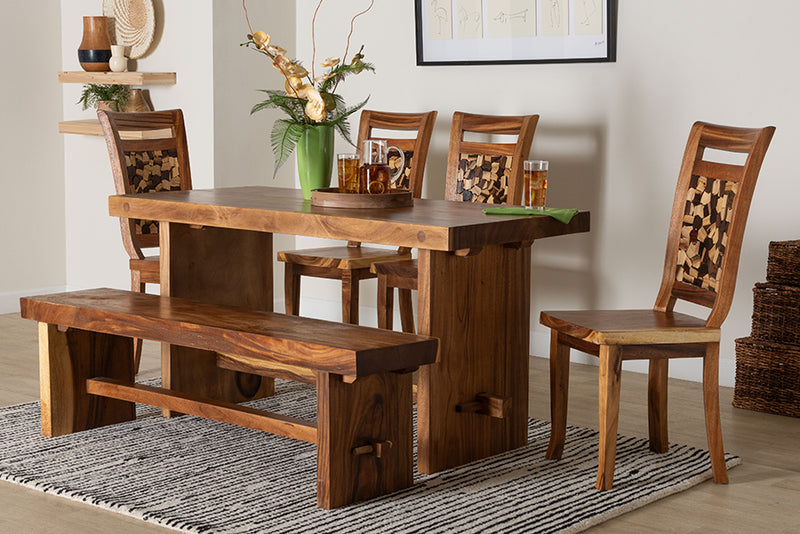 Juan Suar Wood 6-Piece Dining Set Rectangular Table with 4 Chairs and Bench
