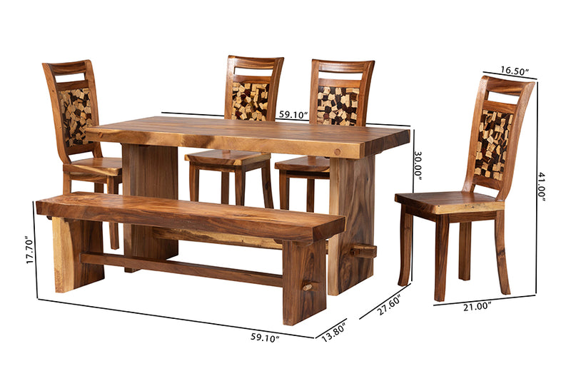 Juan Suar Wood 6-Piece Dining Set Rectangular Table with 4 Chairs and Bench