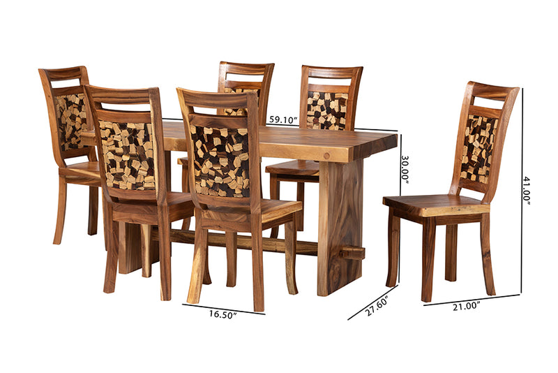 Juan Suar Wood 7-Piece Dining Set Rectangular Table and 6 Mosaic Backrest Chairs