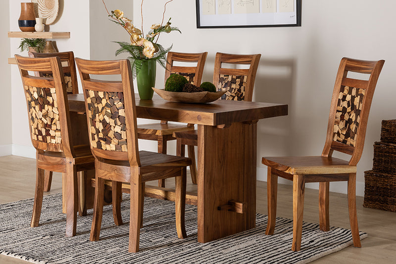 Juan Suar Wood 7-Piece Dining Set Rectangular Table and 6 Mosaic Backrest Chairs