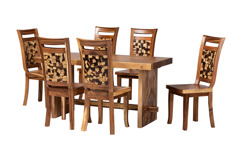 Juan Suar Wood 7-Piece Dining Set Rectangular Table and 6 Mosaic Backrest Chairs