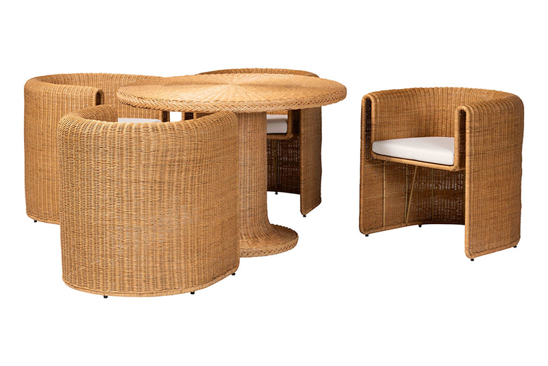 Amy 5-Piece Round Rattan Dining Set Wicker Pedestal Table and 4 Barrel Chairs