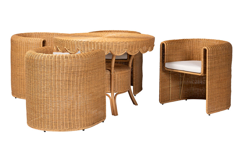 Costant 5-Piece Round Rattan Dining Set Wicker Scalloped Table and 4 Barrel Chairs