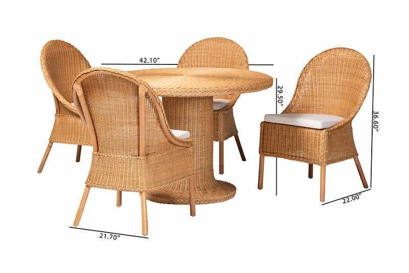 Angel 5-Piece Rattan Dining Set - Round Wicker Table and 4 Side Chairs