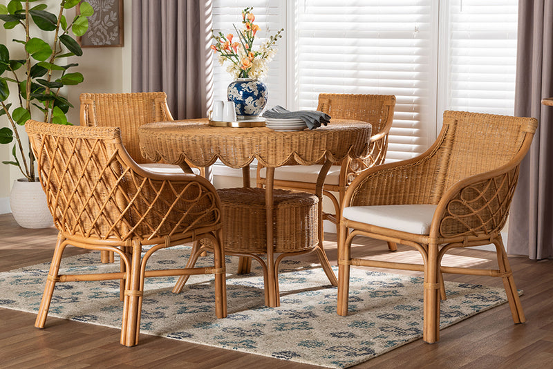 Jackie 5-Piece Rattan Dining Set - Round Wicker Table and 4 Armchairs