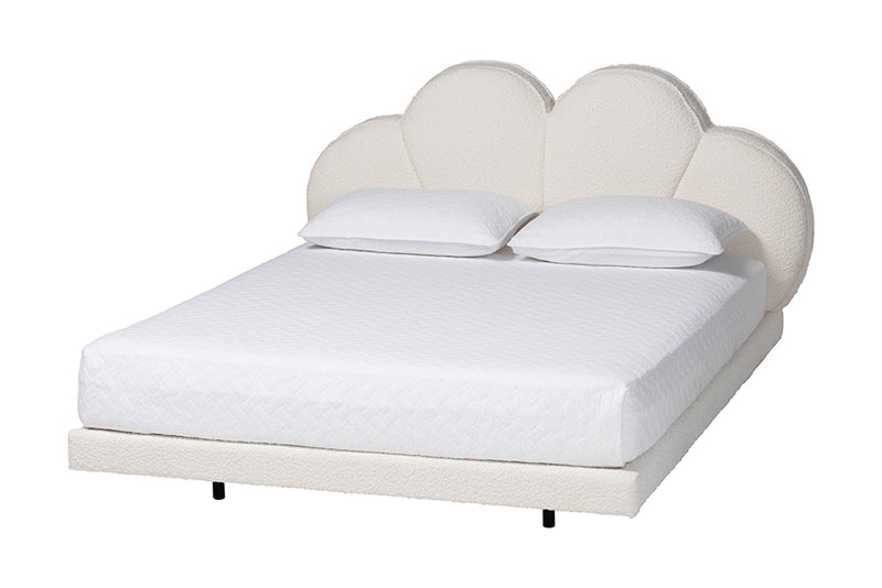 Joy Floating Platform Bed with Scalloped Headboard, Cream, Queen