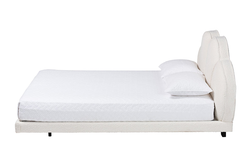 Joy Floating Platform Bed with Scalloped Headboard, Cream, Queen