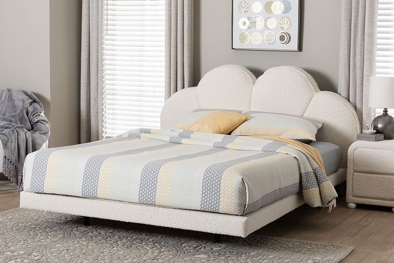 Joy Floating Platform Bed with Scalloped Headboard, Cream, Queen