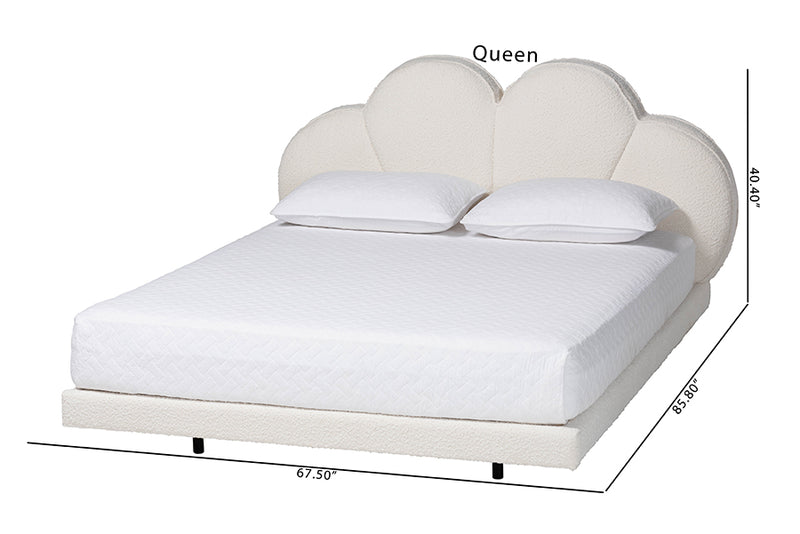 Joy Floating Platform Bed with Scalloped Headboard, Cream, Queen