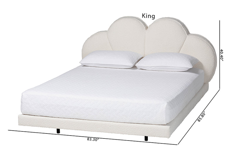Joy Floating Platform Bed with Scalloped Headboard, Cream, Queen