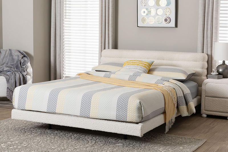 Lenny Boucle Floating Bed with Channel Tufted Headboard, Cream, Queen