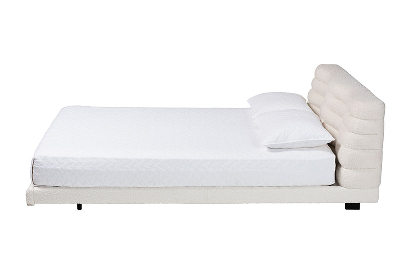 Lenny Boucle Floating Bed with Channel Tufted Headboard, Cream, Queen