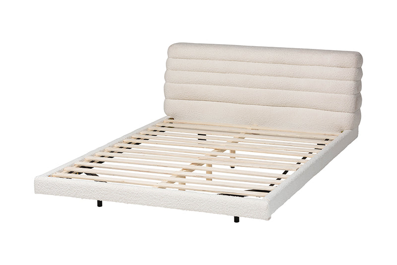 Lenny Boucle Floating Bed with Channel Tufted Headboard, Cream, Queen