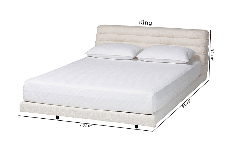 Lenny Boucle Floating Bed with Channel Tufted Headboard, Cream, Queen