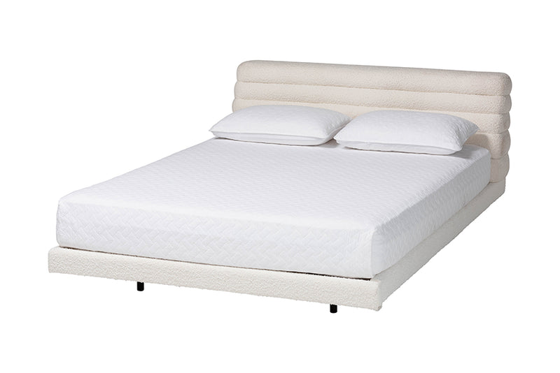 Lenny Boucle Floating Bed with Channel Tufted Headboard, Cream, King
