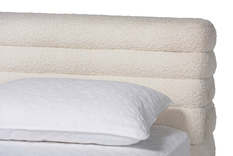 Lenny Boucle Floating Bed with Channel Tufted Headboard, Cream, King