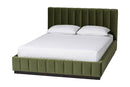 Benny Velvet Platform Bed with Channel Tufted Headboard, Moss Green, Queen