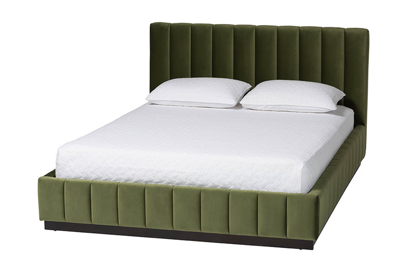 Benny Velvet Platform Bed with Channel Tufted Headboard, Moss Green, Queen