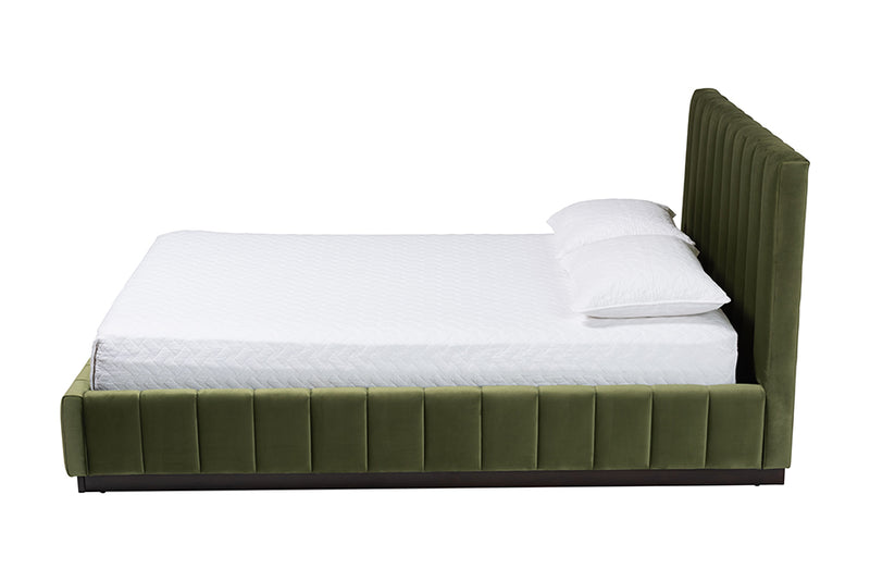 Benny Velvet Platform Bed with Channel Tufted Headboard, Moss Green, Queen