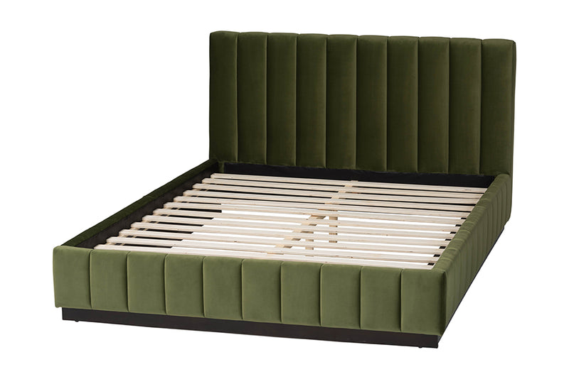 Benny Velvet Platform Bed with Channel Tufted Headboard, Moss Green, Queen