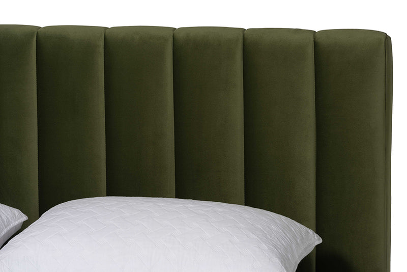Benny Velvet Platform Bed with Channel Tufted Headboard, Moss Green, Queen