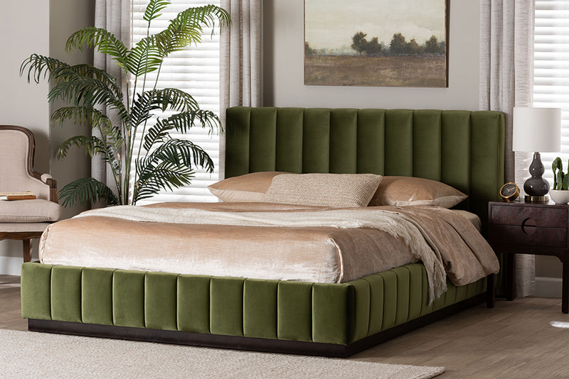 Benny Velvet Platform Bed with Channel Tufted Headboard, Moss Green, Queen