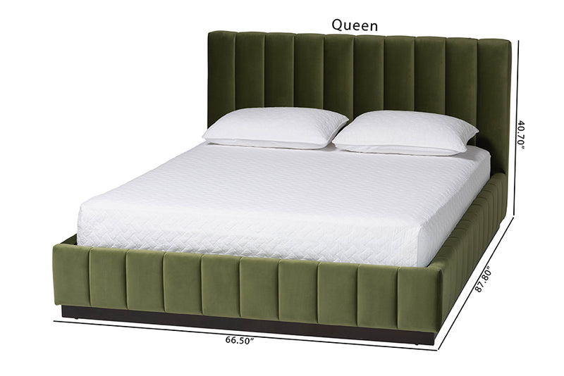 Benny Velvet Platform Bed with Channel Tufted Headboard, Moss Green, Queen