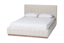 Benny Velvet Platform Bed w/Channel Tufted Headboard, Alabaster White, Queen
