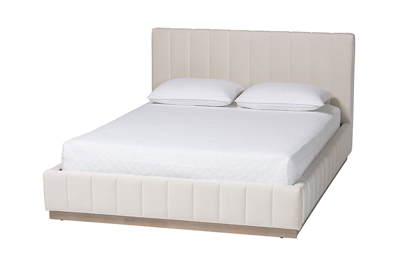Benny Velvet Platform Bed w/Channel Tufted Headboard, Alabaster White, Queen