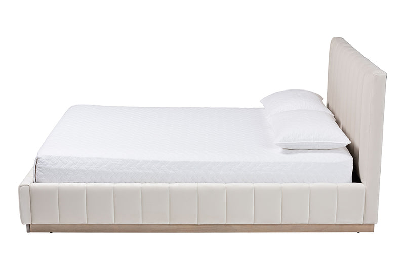 Benny Velvet Platform Bed w/Channel Tufted Headboard, Alabaster White, Queen