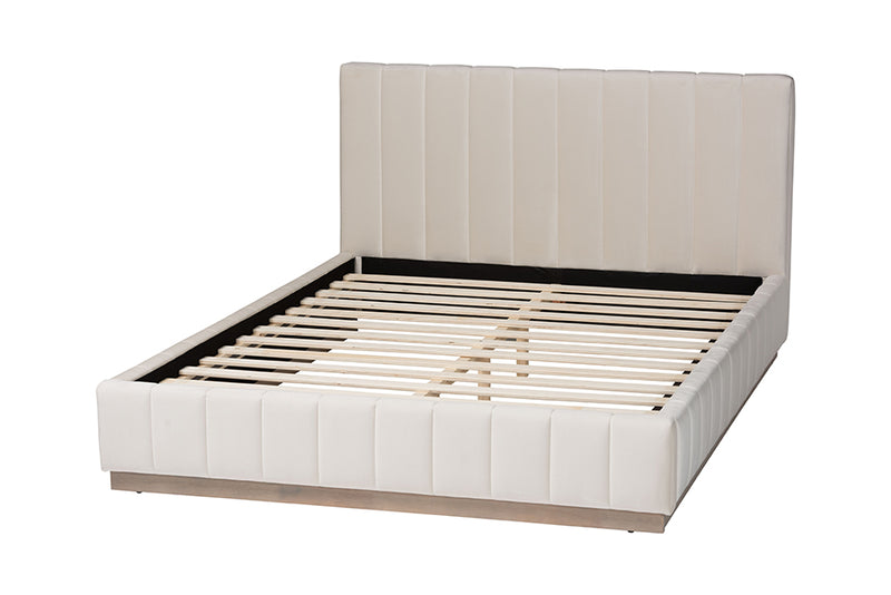 Benny Velvet Platform Bed w/Channel Tufted Headboard, Alabaster White, Queen