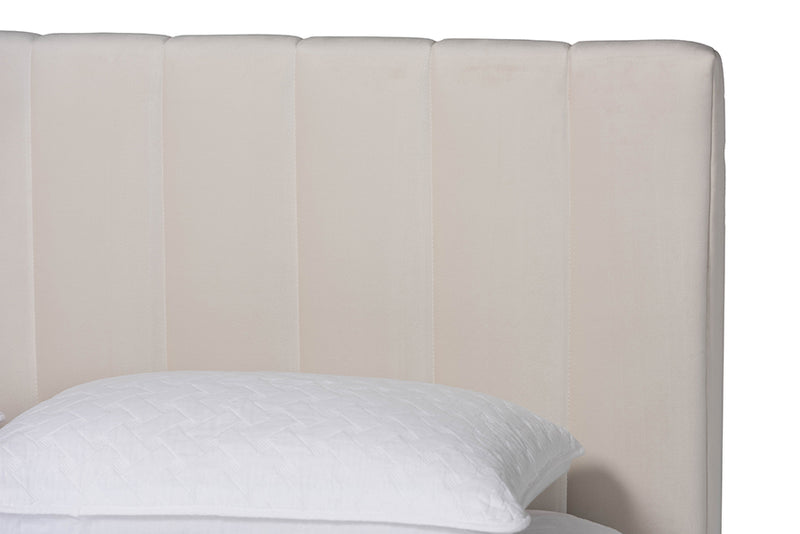 Benny Velvet Platform Bed w/Channel Tufted Headboard, Alabaster White, Queen
