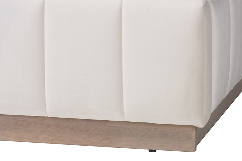 Benny Velvet Platform Bed w/Channel Tufted Headboard, Alabaster White, Queen