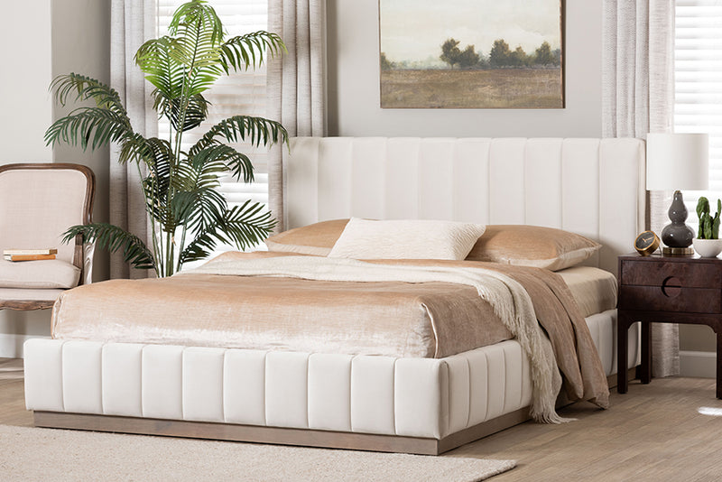 Benny Velvet Platform Bed w/Channel Tufted Headboard, Alabaster White, Queen