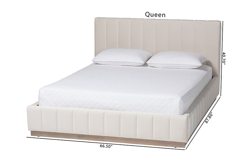 Benny Velvet Platform Bed w/Channel Tufted Headboard, Alabaster White, Queen