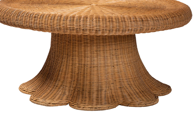 Benji Natural Rattan Round Coffee Table with Scalloped Pedestal Base