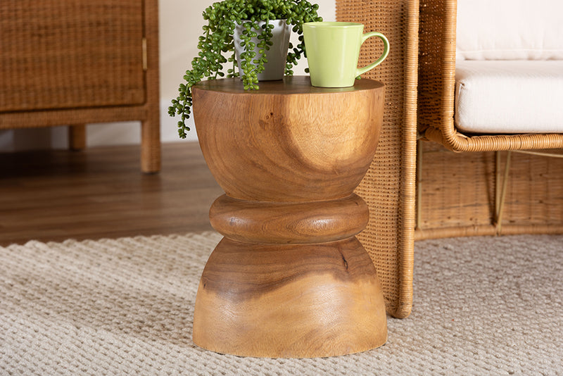 Jodie Solid Suar Wood Sculptural End Table with Hourglass Design