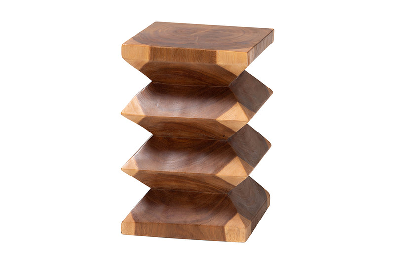 Kenneth Solid Suar Wood Sculptural End Table with Zigzag Design