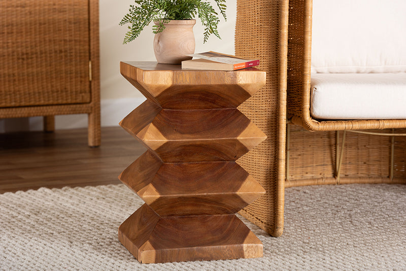 Kenneth Solid Suar Wood Sculptural End Table with Zigzag Design