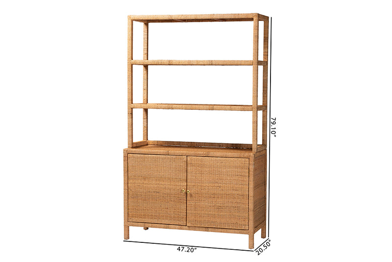 Elda Natural Rattan Display Shelf with 2-Door Storage Cabinet
