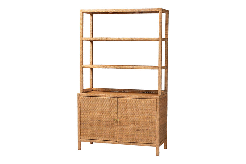 Elda Natural Rattan Display Shelf with 2-Door Storage Cabinet