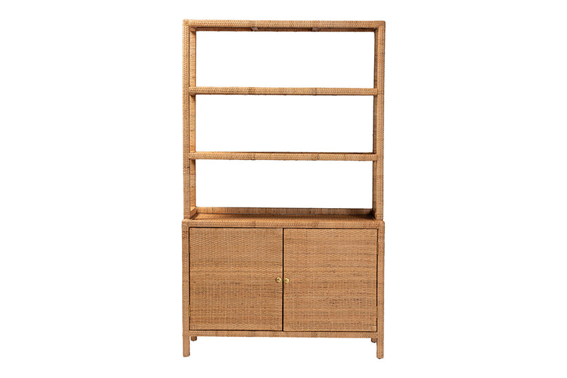 Elda Natural Rattan Display Shelf with 2-Door Storage Cabinet