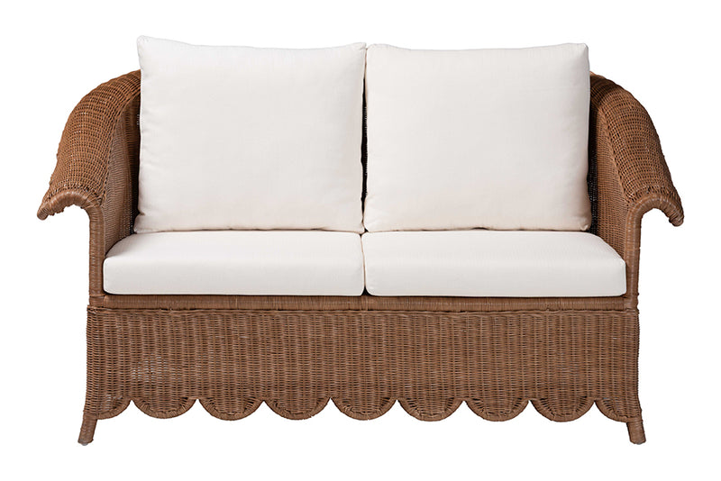 Contantine Natural Rattan Loveseat with Cushion, Scalloped Skirt Base