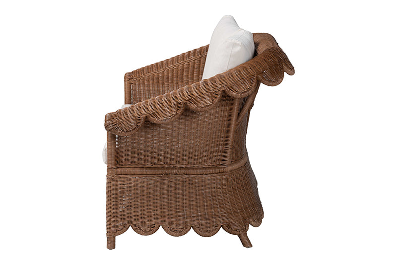 Contantine Natural Rattan Loveseat with Cushion, Scalloped Skirt Base